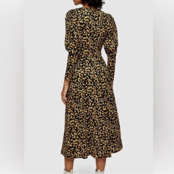 TOPSHOP V-Neck Floral Textured Midi Dress Long Sleeve Sun Dress Slits Puff NWT - Picture 4 of 13